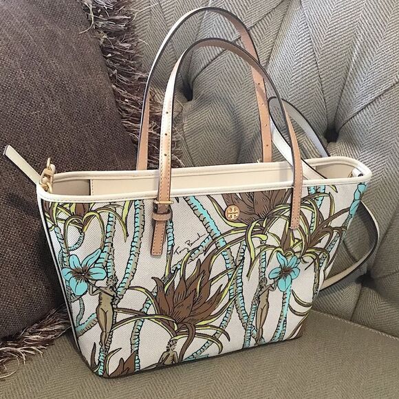 TORY BURCH NATURE PRINTED CANVAS TOTE FLOWERS PALMS BROWN TURQUOISE CREAM - Picture 1 of 11